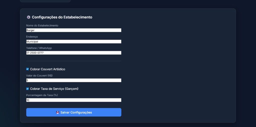 Configurações do Estabelecimento